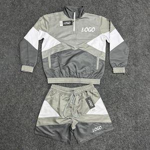 Unisex Color Blocking Windbreaker Tracksuit Set Half-<b>Zip</b> Jacket Drawstring Shorts Quick Dry 100% Cotton Lightweight Sporty Style - Product Image 3