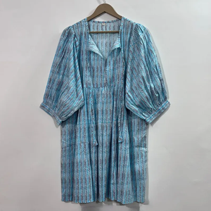 Vestido Midi Informal de Mujer, Tejido 100% Algodón, Liso, Manga Corta, Cintura Imperio, Estilo Babydoll, Cuello en V, Holgado, para Uso Diario en Todas las Estaciones - Product Image 2