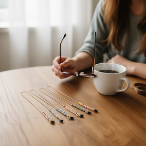 Collana con Catena di Perline Z Fashion 70Cm Placcata Oro con Perle Imitate e Anello per Occhiali, Uso Quotidiano Femminile - Product Image 3