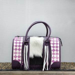 Bolsa de lona morada a cuadros con panel de piel sintética y borlas, cierre de cremallera, bolso de lujo - Product Image 1