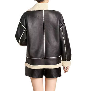 Veste de moto pour femme avec fermeture éclair, doublure en fausse fourrure, col montant, coupe-vent, légère, manteau d'hiver - Cuir véritable Moto - Product Image 3