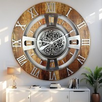 Jam Dinding Analog Kayu Jati Alami Buatan Tangan dengan Roda Gigi Kuningan Antik dan Desain Steampunk-Grosir Minimalis