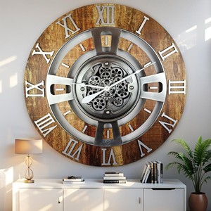 Horloge murale analogique artisanale en teck naturel, engrenages en laiton antique, design steampunk - Vente en gros, minimaliste, diamètre 30 cm - Product Image 2