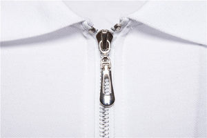 Men's <b>White</b> Short Sleeve Stand Collar Zipper <b>Polo</b> Shirt Slim Fit Casual Knitted T-Shirt - Product Image 4
