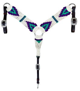 Collier de poitrail pour cheval Western avec motif Navajo perlé, extrémités en laine et cuir, violet, vert, blanc - Tailles FULL/COB - Product Image 1