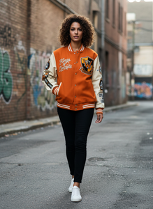 Chaqueta Varsity Kings of Concrete para Hombre, Diseño de Parches en Naranja y Crema, Estilo Urbano, Bordado, Corte Regular, Cuello Camisero - Product Image 5