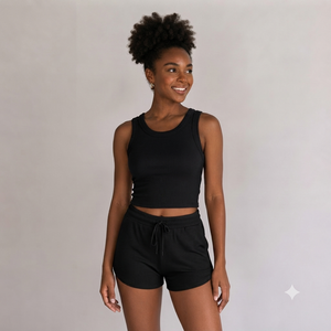 Ensemble deux pièces côtelé pour femme : débardeur et short, sans manches, rayé, style plage, polyester/coton, logo personnalisable, sportif, coupe classique - Product Image 1