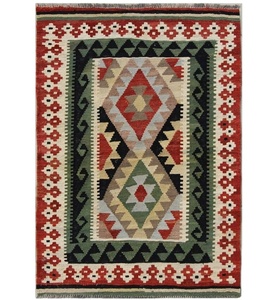 Juego de alfombras artesanales Henshaw Kilim Dhurrie Wool Teppich en técnica de tejido plano rojo Beige negro - Product Image 1