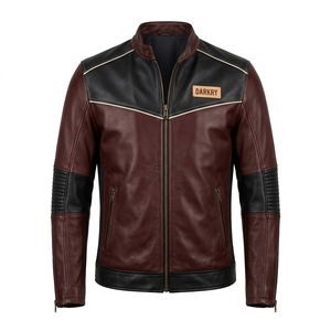 Chaqueta de Cuero Personalizada OEM para Hombre, Color Granate y Negro, con Codo Acanalado, Estilo Motero, Piel Genuina de Vacuno, Ropa Exterior, Venta al por Mayor, Fabricante Directo - Product Image 1