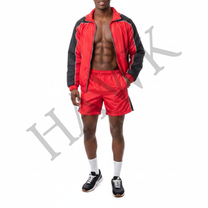 Ensemble de survêtement homme rouge et noir, veste zippée à manches longues et short, respirant, sportif, coupe classique, color block, pour le printemps - Product Image 2