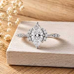Classic Marquise Cut Floral Sunburst Halo Pave Band Lab Grown <b>Diamond</b> Engagement <b>Ring</b> 10K 14K 18K Solid Gold IGI Certified - Product Image 3