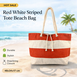Bolsa de Playa Tipo Tote a Rayas Rojas y Blancas para Mujer, en Oferta |   Bolsa de compras duradera y elegante con cierre de cordón de yute y asa de mano - Product Image 5