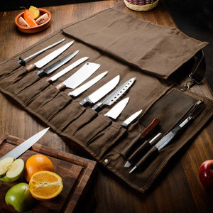 13 Pocket Chef Knife Roll Bag Waxed Canvas & Genuine <b>Leather</b> Knife Carrier for Chef Travel Friendly Culinary <b>Tool</b> Bags - Product Image 3
