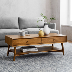 Premium Solid Teak <b>Coffee</b> <b>Table</b> Mid Century Modern Rectangular Design with Dual Drawers Open Storage and Tapered <b>Legs</b> - Product Image 6
