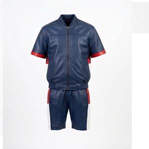 Men's Leather Color-Block Set Black Red <b>White</b> Bomber <b>Jacket</b> & Shirt Shorts Genuine Leather <b>Waterproof</b> Breathable Winter Outfit - Product Image 5