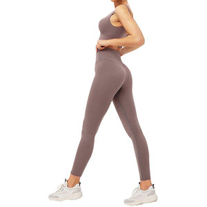 Women's Seamless High Waist Yoga Set Solid Gray Racerback Sports Bra Full Length Leggings 2 Piece - Product Image 2