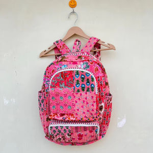 Sac à dos matelassé rayé pour filles, sac d'école en coton fait main, sac de voyage léger multi-poches, style bohème, 20 pouces - Product Image 1