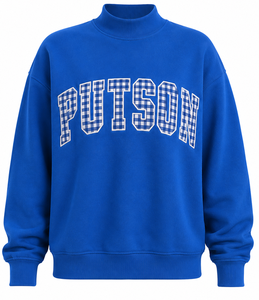 Sudadera de cuello simulado para mujer con hombros caídos, mangas con patchwork de guinga y aplique de letras bordadas - Product Image 5
