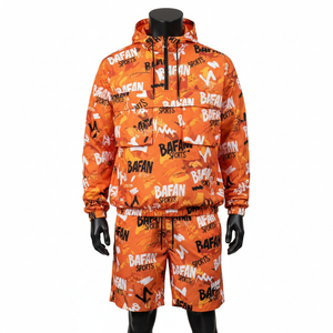 Ensemble short et coupe-vent pour homme, polyester de qualité, résistant au vent, panneau graphique orange, logo personnalisé, coupe-vent pour homme, ensemble short, grandes tailles - Product Image 1