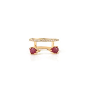Bague de créateur unique en or jaune massif 14 carats avec rubis et diamants, à anneau ouvert, qualité supérieure, personnalisée en usine, bijoux de soirée - Product Image 1
