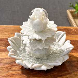 <b>Small</b> Marble Lotus Round Fountain Decorative Indoor Outdoor Tabletop <b>Vase</b> Hand Carved Floral Asian Zen White Stone Mini - Product Image 1