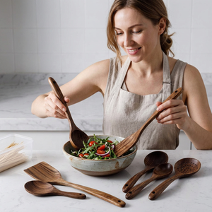 Ensemble d'ustensiles de cuisine en bois écologiques et durables, cuillères de service modernes pour dîner, artisanat de la collection Handmade - Product Image 1
