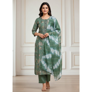 Ensemble de vêtements lavables 3 pièces en soie imprimée verticale de haute qualité pour femmes, travail artisanal indien traditionnel, idéal pour les fêtes, collection internationale - Product Image 1