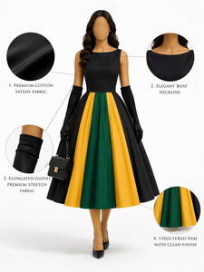 Elegante y Estilosa Kurta/Kurti de Verano para Mujer, Negra con Paneles Amarillos y Verdes, Falda Plisada, Cuello Barco, Sin Mangas, de Algodón Satinado - Product Image 1