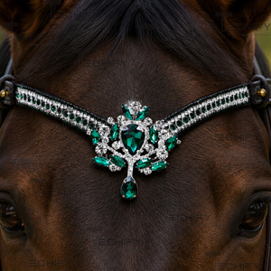 Fronture de Cheval en Cuir de Luxe Vert Émeraude Premium avec Strass et Logo Personnalisé – Confort Optimal - Product Image 1