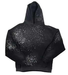 Y2K <b>Aesthetic</b> Distressed Denim Blue Heavyweight Oversized Acid Wash Hip Hop Rhinestone Zipper Pullover Hoodie 100% Cotton - Product Image 2