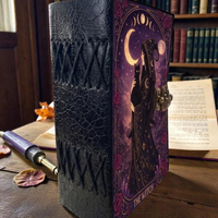 Grand carnet fait main en cuir véritable imprimé sorcellerie, Grimoire de la Lune, Livre de sorts, 400 pages, 8x6 pouces