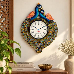 Horloge murale analogique à quartz en bois artisanal avec motif paon |   Décoration indienne Art Déco |   Décoration traditionnelle pour la maison en provenance du Rajasthan - Product Image 6