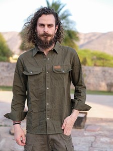 Premium Hand-Stitched <b>Men</b>’s Khaki Cotton Canvas <b>Utility</b> <b>Shirt</b> Artisanal Earthy Ochre Button-Down <b>Shirt</b> - Product Image 2
