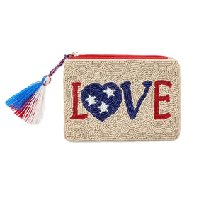 Beaded Love Coin Purse Mini Zipper Closure <b>Tassel</b> Handmade Unisex - Product Image 1