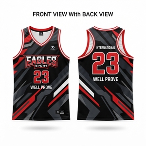 Maillot de basketball sans manches pour homme, impression numérique personnalisée, tissu mesh 400g, 100% polyester, bleu ciel, empiècements rouges, séchage rapide - Product Image 1