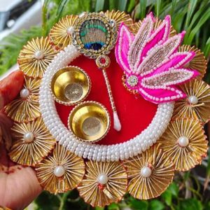 Indian Handmade <b>Gota</b> Patti Kumkum Platter For Rakhi, Diwali Festive Favor Wedding Return Gifts Roli Chawal Platter Housewarming - Product Image 2