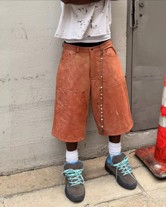 Shorts cargo de travail pour homme en cuir suédé, taille haute, double genouillère pour protection, effet délavé personnalisé - Product Image 1