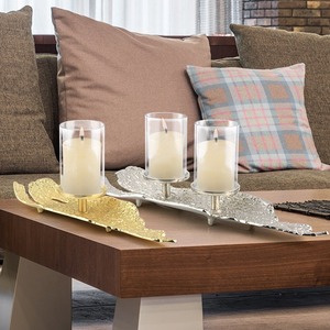 Gold Textured Rectangular Double <b>Candle</b> Holder <b>Tray</b> Metal Decorative Stand With Acrylic Cylinders For Kitchen Dining Table Decor - Product Image 6