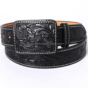 Cinturón de herramientas de cuero occidental tallado a mano con estampado floral negro para hombres con costuras blancas elegantes y hebilla floral negra a juego - Product Image 4