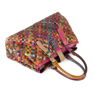 Sac Ando en cuir de vache véritable, sac fourre-tout tissé pour femmes, multicolore, double poignée, multi-compartiments - Product Image 3