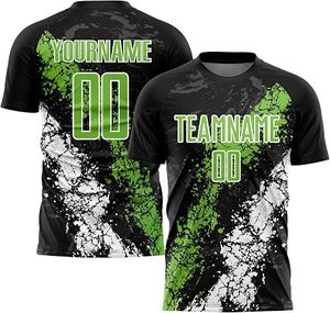Camiseta de Fútbol Personalizada Negra, Verde y Blanca, Uniforme de Fútbol Sublimado con Diseño Splatter, Manga Corta, Cuello Redondo, Nombre del Equipo, Número, Venta al Por Mayor OE - Product Image 4