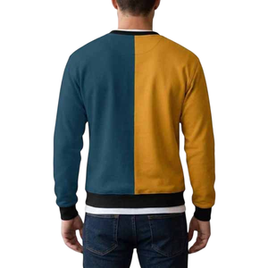 เสื้อสเวตเชิ้ตคอกลมผู้ชาย แขนยาว สีเหลืองน้ำเงิน ตัดต่อสี ทรงปกติ ผ้าถัก สวมใส่สบาย  แบบลำลอง  รับสั่งทำพิเศษ - Product Image 4