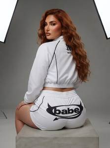 White Cropped <b>Blazer</b> Matching Shorts Plus Size High Waist Elastic Closure Contrast Stitch Letter Print Waterproof Windbreaker - Product Image 4