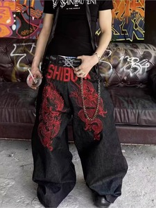 Men's Traditional Chinese Wide-Leg Trousers with Red <b>Dragon</b> Embroidery - Loose-Fit Straight-Leg Pants Suitable for Summer - Product Image 5