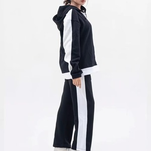 Conjunto Deportivo con Capucha para Mujer, Color Negro y Blanco, Bloques de Color, Manga Larga, Corte Holgado, Cierre Frontal con Cremallera, Ropa Casual de Otoño - Product Image 5