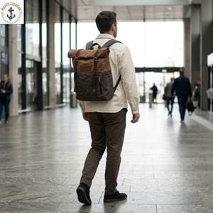 Navrit Creation NA-010 Everyday Roll Top Oil Waxed Canvas Backpack Padded Adjustable Straps | Two Tone <b>Travel</b> Rucksack <b>Big</b> - Product Image 3