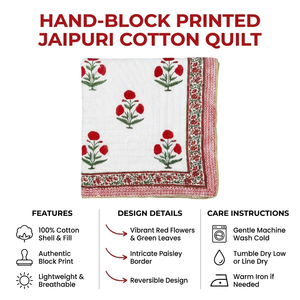 Edredón de Algodón Estampado a Mano, Ligero y Cálido, Estilo Jaipuri Razai, Hecho a Mano por Artesanos, Reversible, para Invierno - Product Image 6