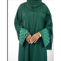 Nouvel ensemble Abaya Hijab vert pour femmes, robe musulmane élégante brodée à manches longues, longueur au sol, ample et modeste, pour le Ramadan, l'Aïd et le quotidien