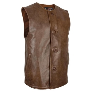 Chaleco de Motociclista de Cuero Genuino Marrón, Estilo Vintage, Sin Mangas, con Cuello Mao y Cierre Tradicional con Botones de Palanca - Product Image 5