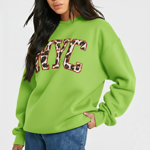 Women Oversized Crew Neck <b>Sweatshirt</b> Light Blue <b>Leopard</b> <b>Print</b> Letter Front Regular Sleeve Autumn Knitted Cotton 100% - Product Image 4